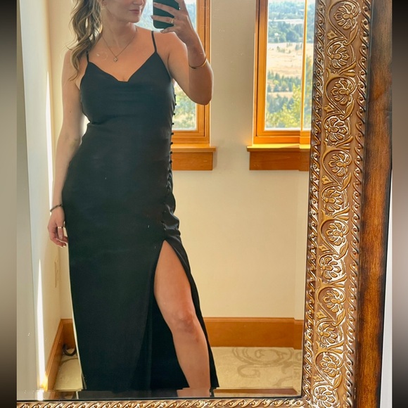 Lulus Truly A Beauty Black Satin Cowl Neck Side Button Maxi Dress M Medium - Picture 2 of 7